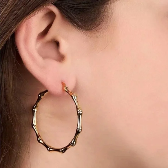 Womens Gold Bamboo Hoop Earrings 18K Gold‎ Plated - Picture 3 of 8
